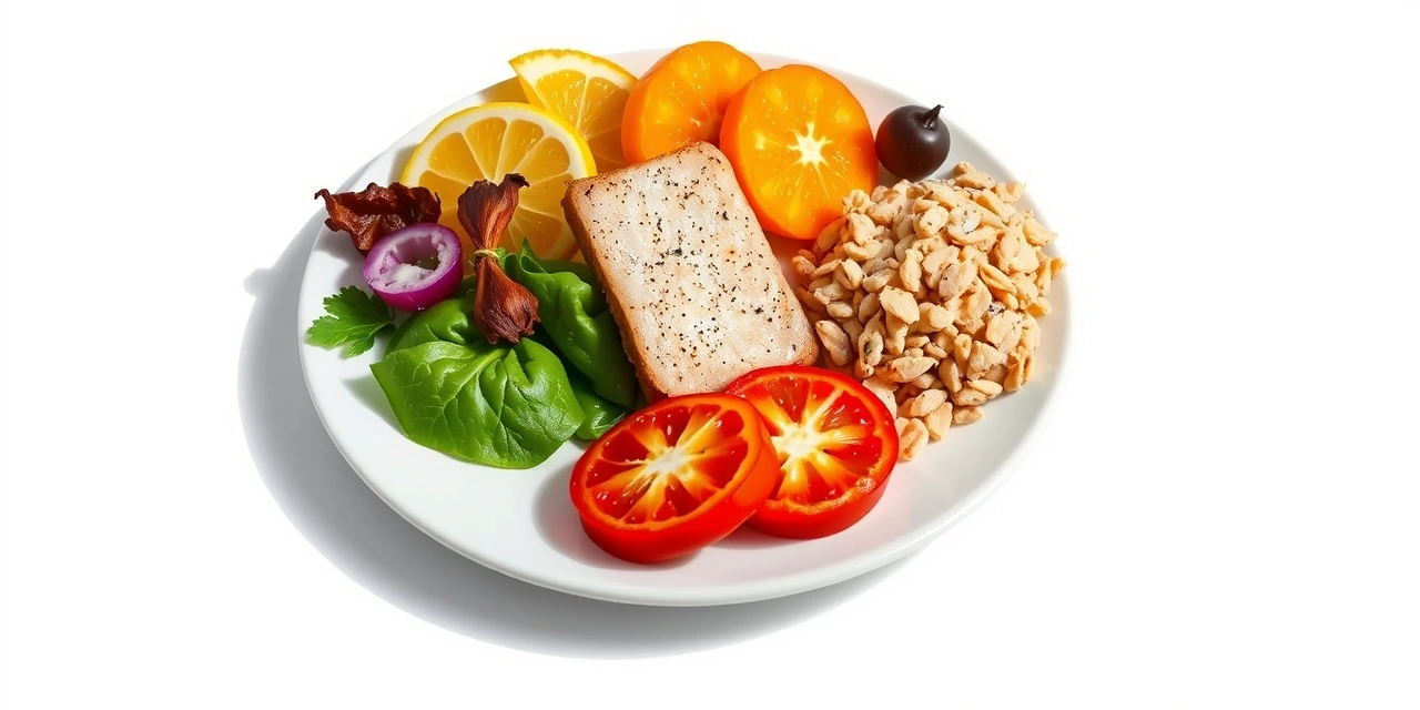 Zdrowe posiłki ułożone na talerzu zgodnie z zasadami zdrowego żywienia - kolorowe warzywa, chude białko i pełnoziarniste produkty